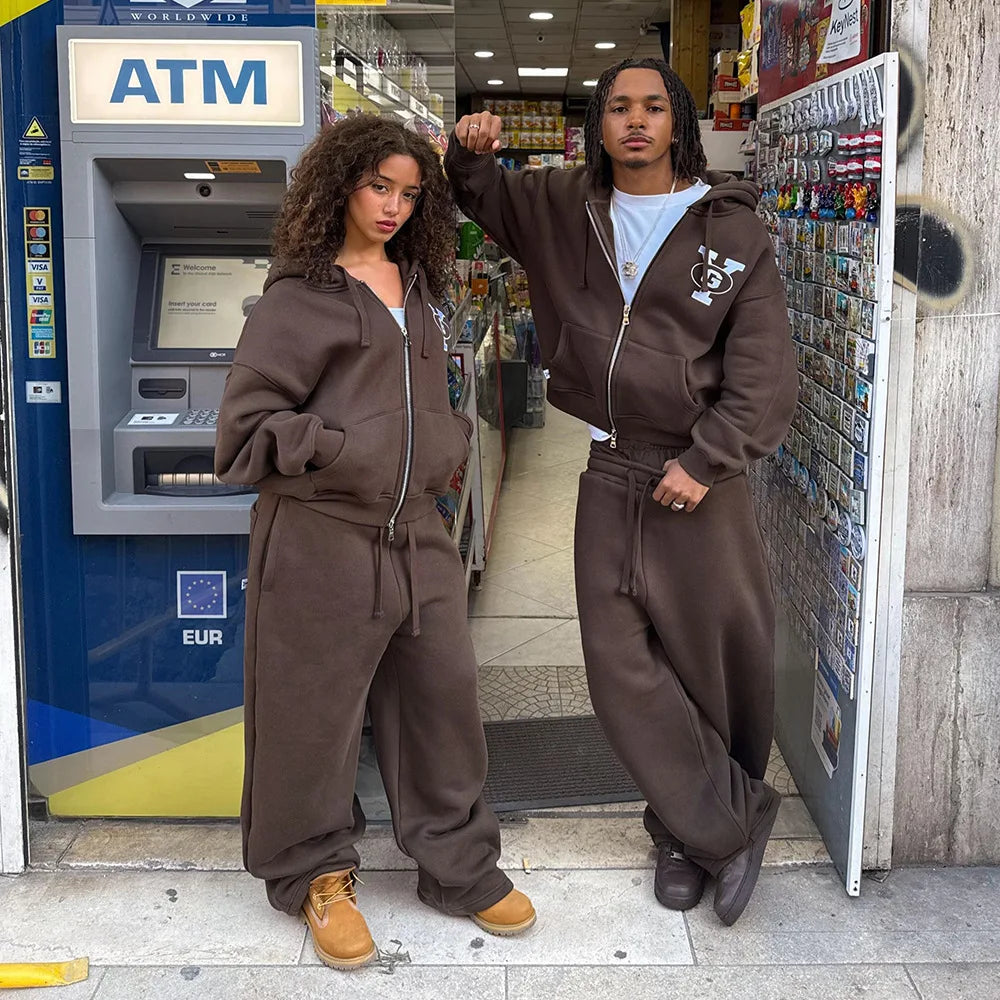 European and American y2k street trend ins long sleeved pullover hoodie sweatshirt sweatpants set retro printed jacket