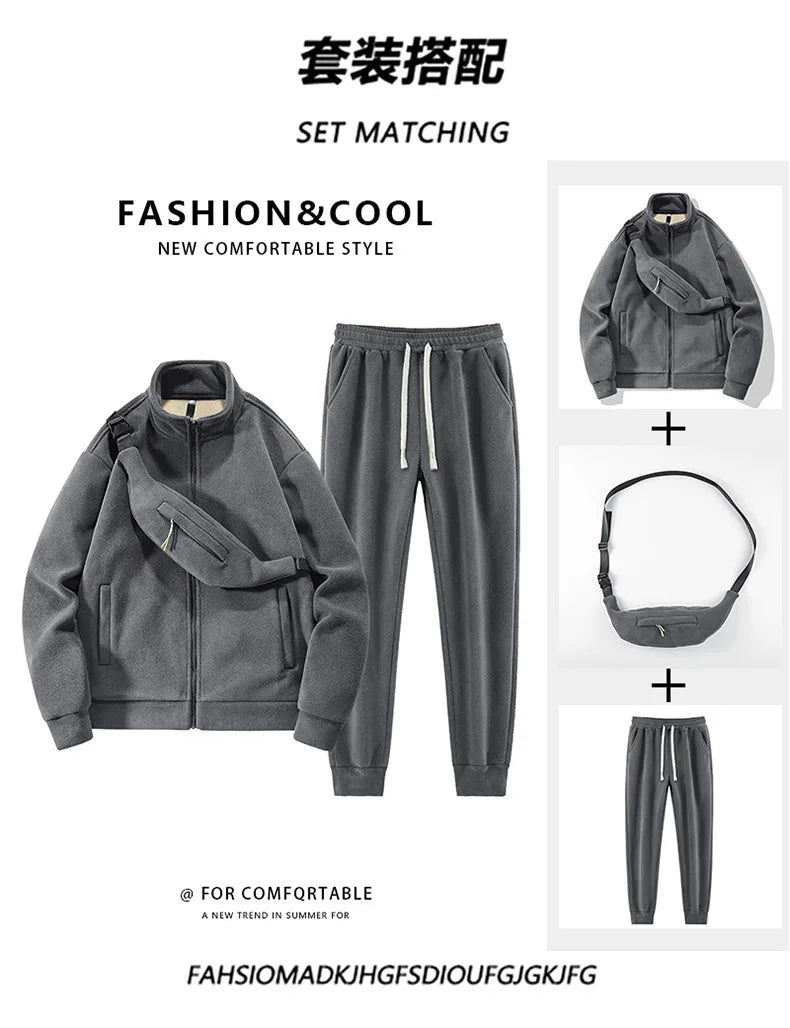 Men's New Autumn & Winter Casual Sports Thickened Warm Set: Polar Fleece Stand-Up Collar Zip, Stylish 2-Piece Outfit