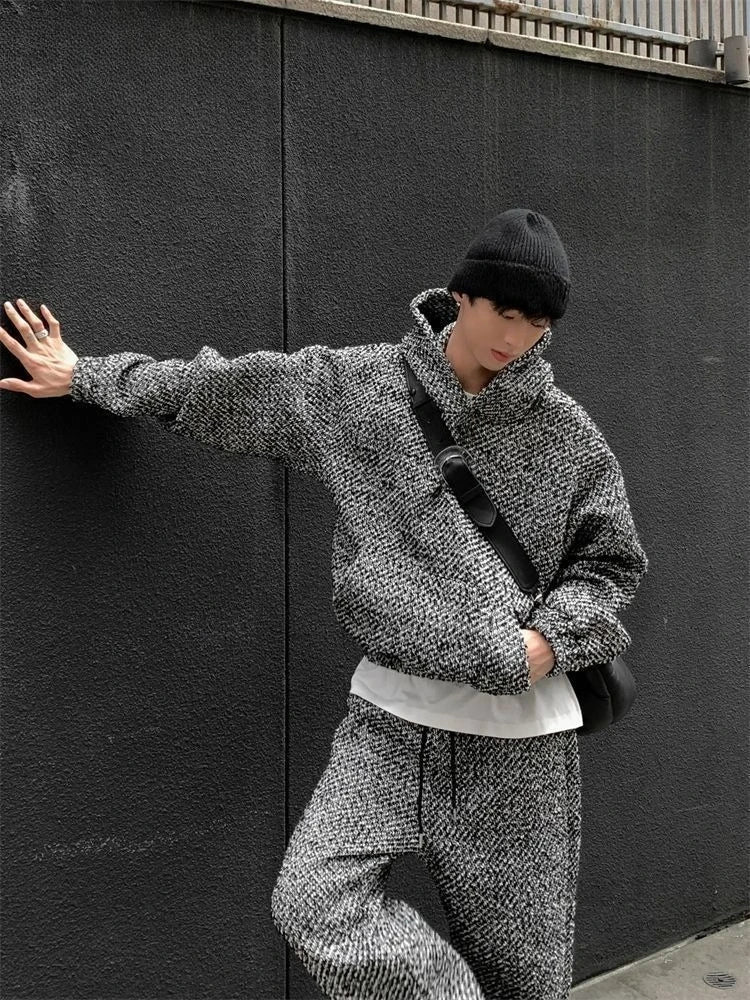 Autumn and winter small fragrance style thickened heavy sportswear loose retro men's hooded sweatshirt casual suit trendy