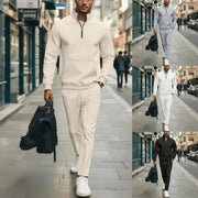 Men's Casual Sports Suit Spring Autumn Comfortable Waffle Fabric Stand-Up Collar Long-Sleeved Top with Pocket Two-Piece Set