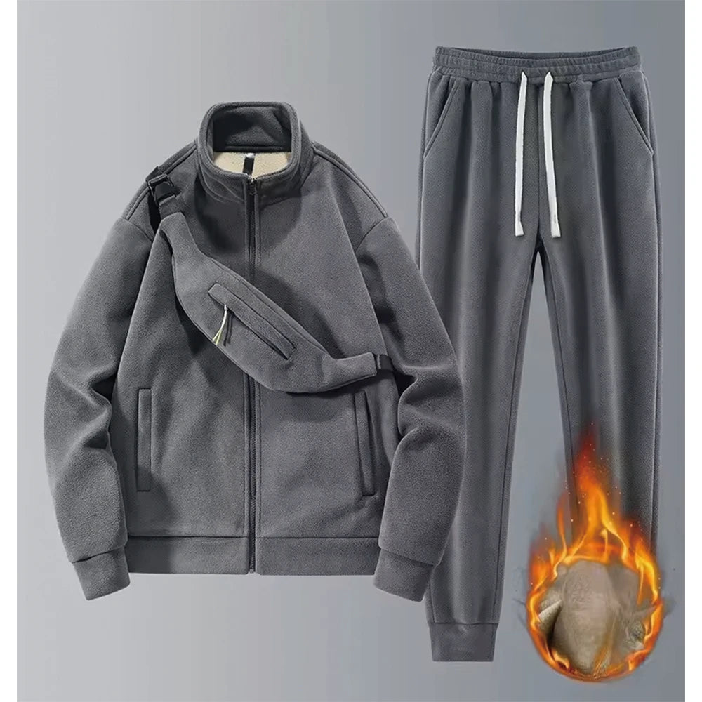 Men's New Autumn & Winter Casual Sports Thickened Warm Set: Polar Fleece Stand-Up Collar Zip, Stylish 2-Piece Outfit