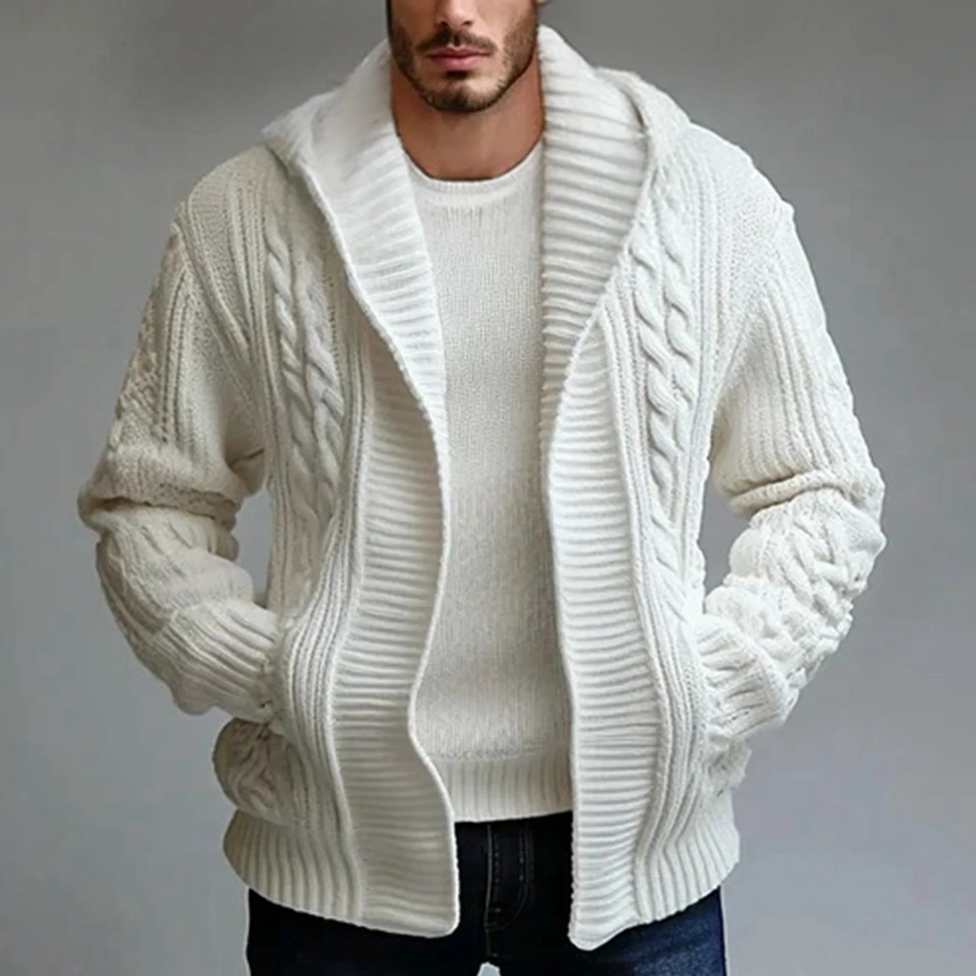 Men Cardigan Hooded White Sweater Autumn Winter New Fashion Male Clothing Knitted Thickening Male Jacket Coat Men's Sweaters